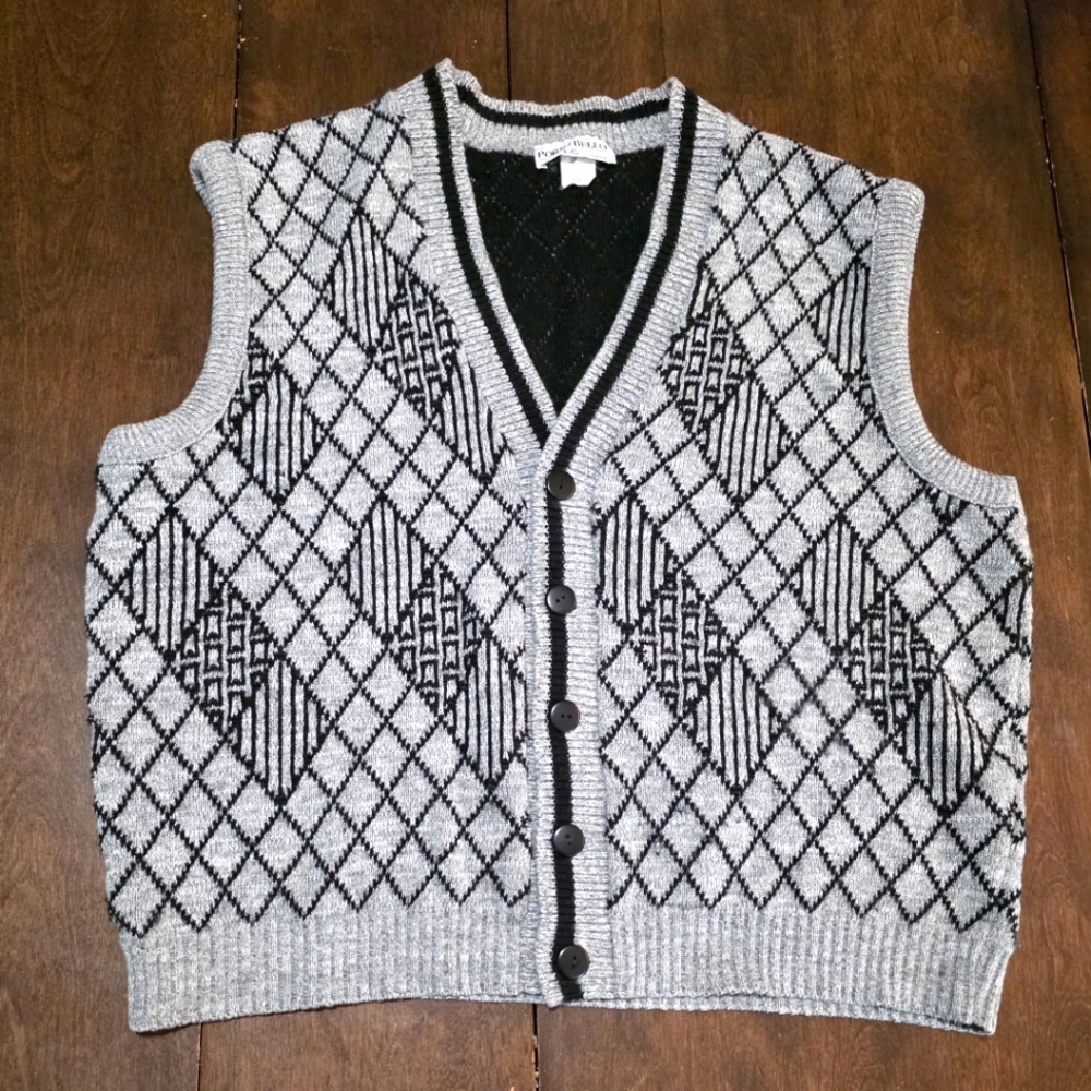 Vintage Diamond Knit Sweater Vest Button Up Mens-Womans Sz Large Porto Bello